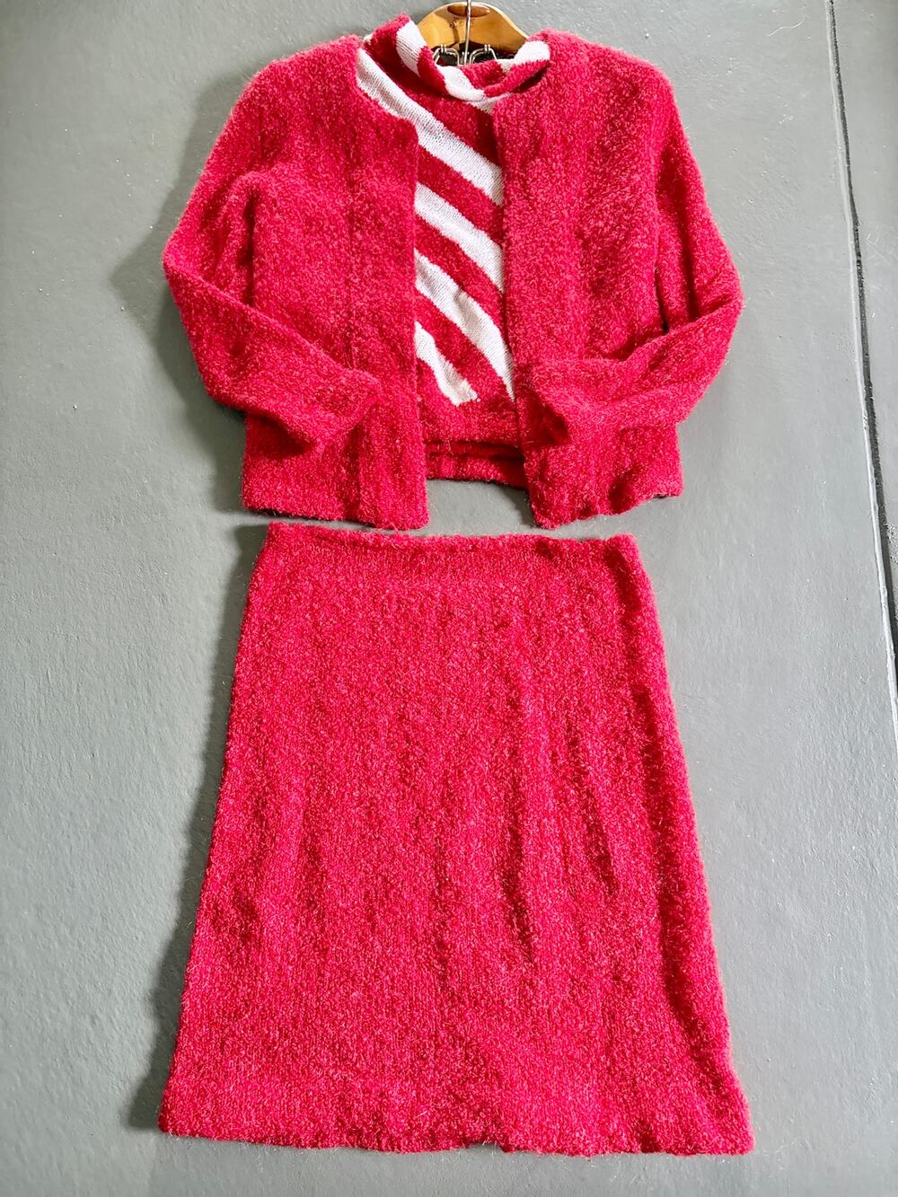 Y2K Cherry Red Fuzzy Knit 3 Piece Set Holiday Party Perfect Size S/M